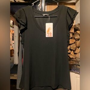 Prettygarden Elegant Black Ruffle Sleeve Top